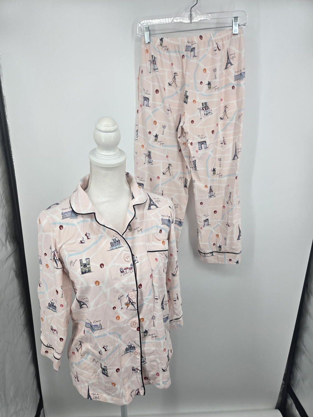 BedHead Pink Paris-Print Button Up Pajama Set XS (6709)